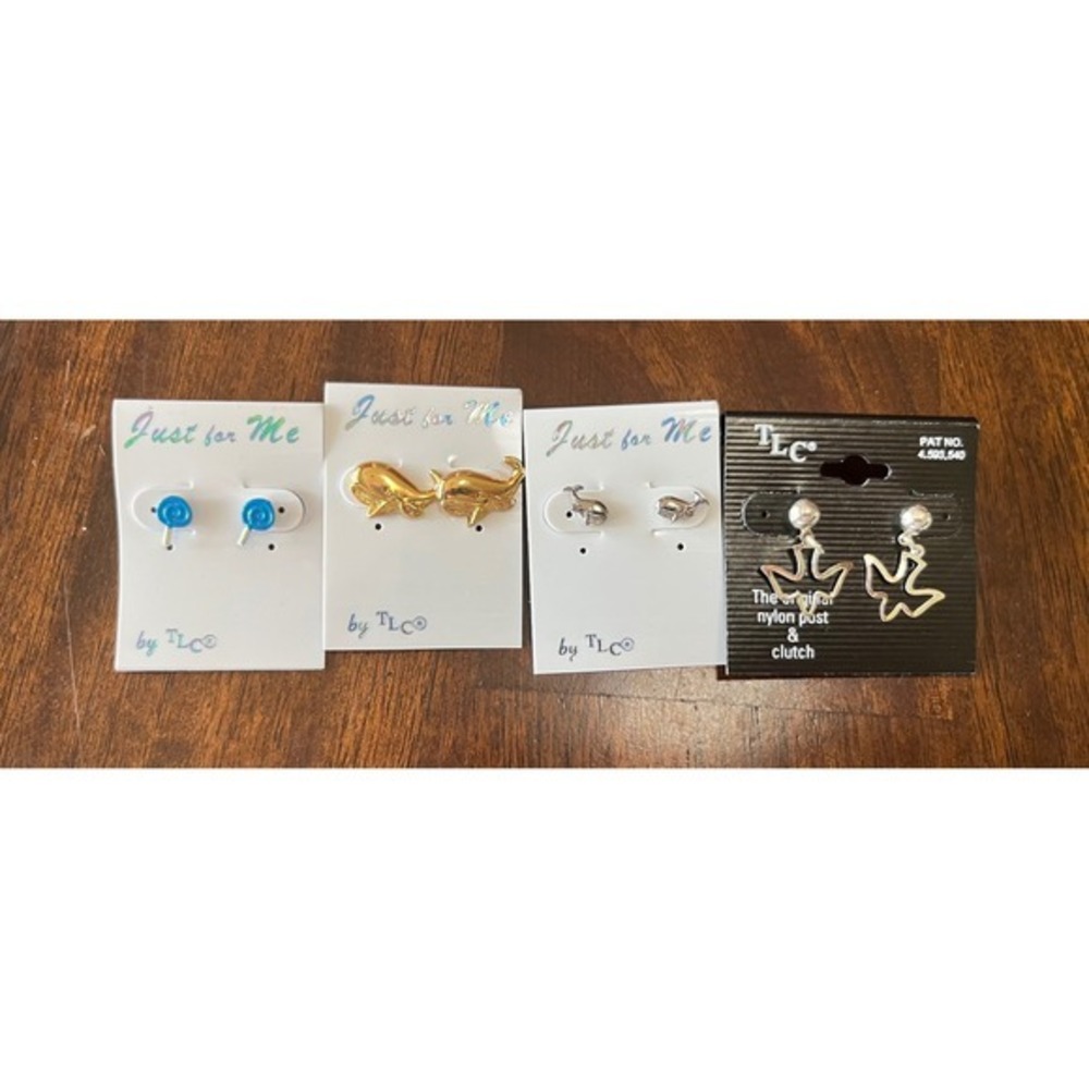TLC Just For Me Earring Lot 4 Pairs Whale Lollipop Bird Nylon Post Vintage Style
